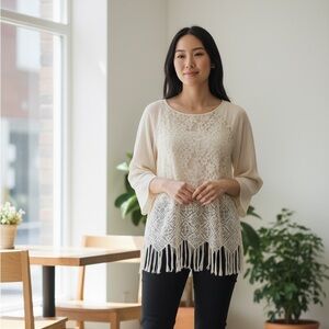 Free People Cream Lace Fringe Blouse XS